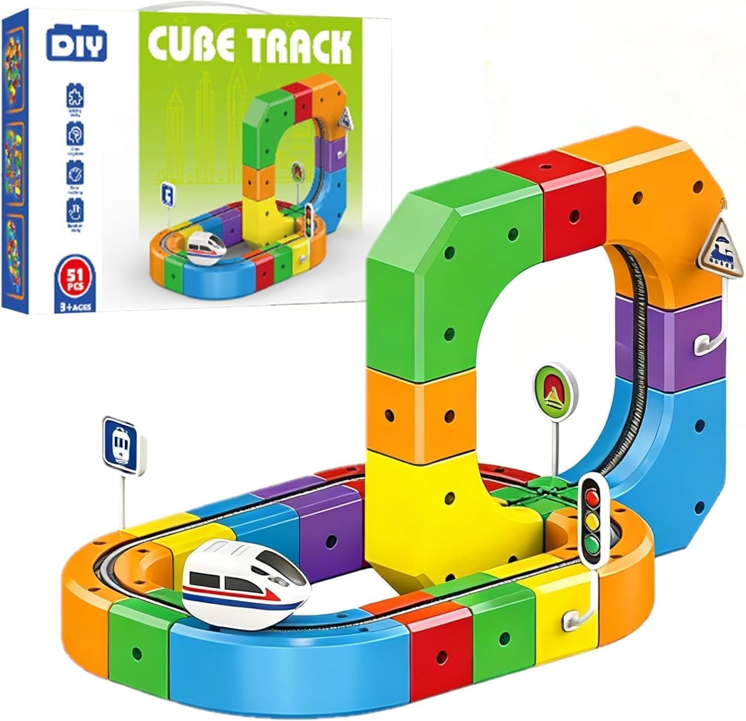Track Fusion Train Set, 51Pcs Flexible Race Trackfusion Train, Magic Rail Cube Magnetic Monorail, Antigravity Car Block Track Fusion Toy for Kids